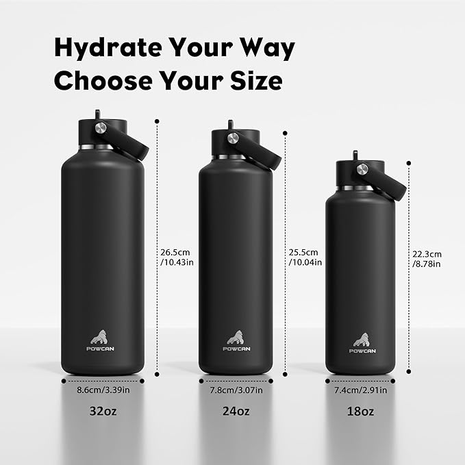 POWCAN 18oz Stainless Steel Slim Water Bottle: Sweatproof, Flex Cap, Lightweight, Standard Mouth, Top Handle, Vacuum Insulated Flask with straw for Office, Adults, Commute, Workouts (Midnight Black)