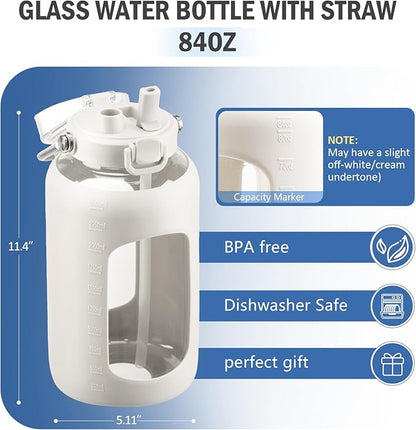 BLUEGO 84oz Water Bottle Glass with Stainless Steel Handle Large 2.5l Water Bottle with Time Markers and Silicone Sleeve Half Gallon Water Jug BPA Free for Gym Daily Use, White