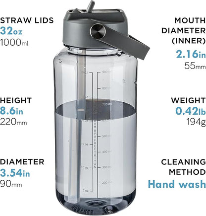 OLDLEY 32 oz Clear Water Bottle with Straw,Tritan BPA-Free, Wide Mouth, Leak Proof - for Gym, Travel, Home, School, Office (Grey)