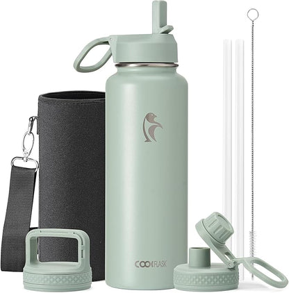 Coolflask Water Bottle 40 oz Insulated with Straw, Stainless Steel Metal 3 Lids Water Flask for Sports or Office, Keep Cold 48H Hot 24H, Grey Green