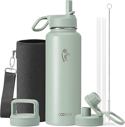Coolflask Water Bottle 40 oz Insulated with Straw, Stainless Steel Metal 3 Lids Water Flask for Sports or Office, Keep Cold 48H Hot 24H, Grey Green