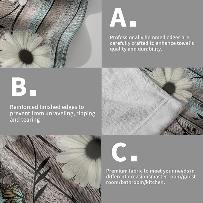 Rustic Barn White Daisy Hand Towels Flower Butterfly Teal Turquoise Brown Wooden Farmhouse Absorbent Kitchen Towels Spring Vintage Floral Soft Quick Dry Microfiber Dish Towels For Kitchen Bathroom