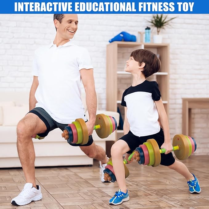 Kids Exercise Weight Set, Barbell and Dumbbell Workout Equipment, Toddler Beginner Gym Toy for Pretend Play Lifting Exercise & Fitness, Adjustable Fill with Sand or Water