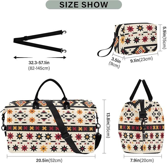 Weekender Bags Travel Duffel Gym Bag Indian Aztc Western Carry on Overnight Tote Bag with Toiletry Bag for Airplane Travel Trip Gym Yoga