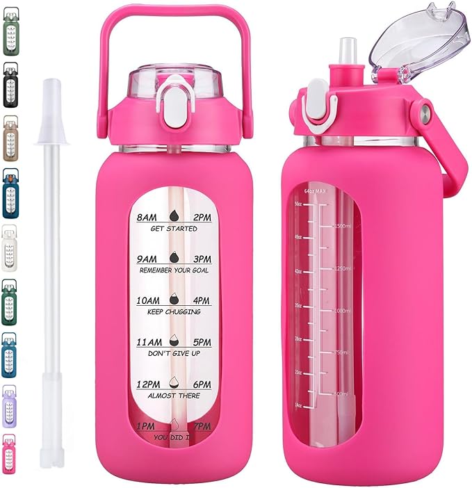 kytffu 64oz Glass Water Bottles with Straw, Half Gallon Motivational Glass Bottle with Silicone Sleeve and Time Marker, 2L Leakproof Large Glass Water Jug for Gym Home Office, Rose Red