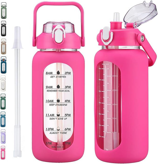 kytffu 64oz Glass Water Bottles with Straw, Half Gallon Motivational Glass Bottle with Silicone Sleeve and Time Marker, 2L Leakproof Large Glass Water Jug for Gym Home Office, Rose Red