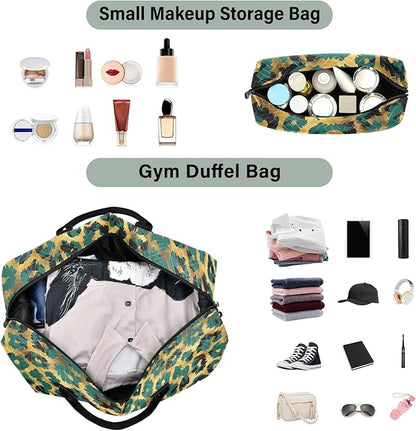 Weekender Bags Travel Duffel Gym Bag Leopard Green Skin Animal Carry on Overnight Tote Bag with Toiletry Bag for Airplane Travel Trip Gym Yoga