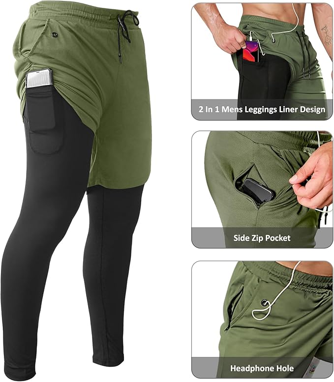 OEBLD Mens 2 in 1 Athletic Running Pants Quick Dry Gym Workout Shorts for Men Compression Pants with Pockets