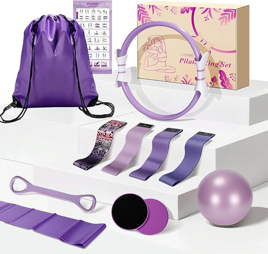 Pilates Kit for Women, 14.5 in. Pilates Ring with Sliding Discs & Leopard Band, Complete Home Pilates Kit for Beginners, Versatile Pilates Equipment for Strength and Flexibility