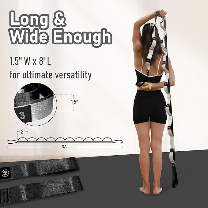 Stretch Bands for Exercise, Non Elastic Yoga Stretching Strap with Loops, 3.8cm x 2.45m, Stretching Bands for Physical Therapy, Yoga, Pilates, Dance, Gymnastics Exercise