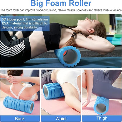5 in 1 Foam Roller Set Includes Hollow Core Massage Roller, Yoga Stick, Massage Ball, Fitness Stretching Strap, Massage Roller, Carrying Bag, Towel (Blue)