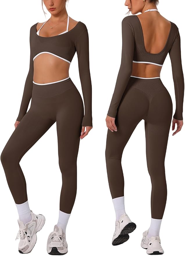 ABOCIW Workout Sets for Women Long Sleeve Crop Top Scrunch Butt Lifting High Waist Leggings 2 Piece Gym Yoga Outfits