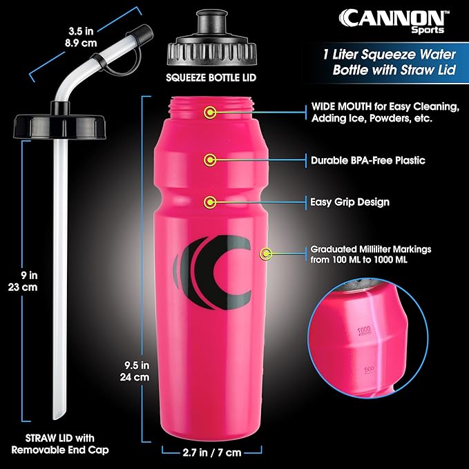 Cannon Sports 1 Liter Sports Water Bottle, BPA-Free, 34 Oz Capacity, Large Mouth, 2 lids (Straw and Squeeze), Great For Helmet Sports Such As Hockey, Lacrosse, Football, Boxing (6 Pack) (Pink)