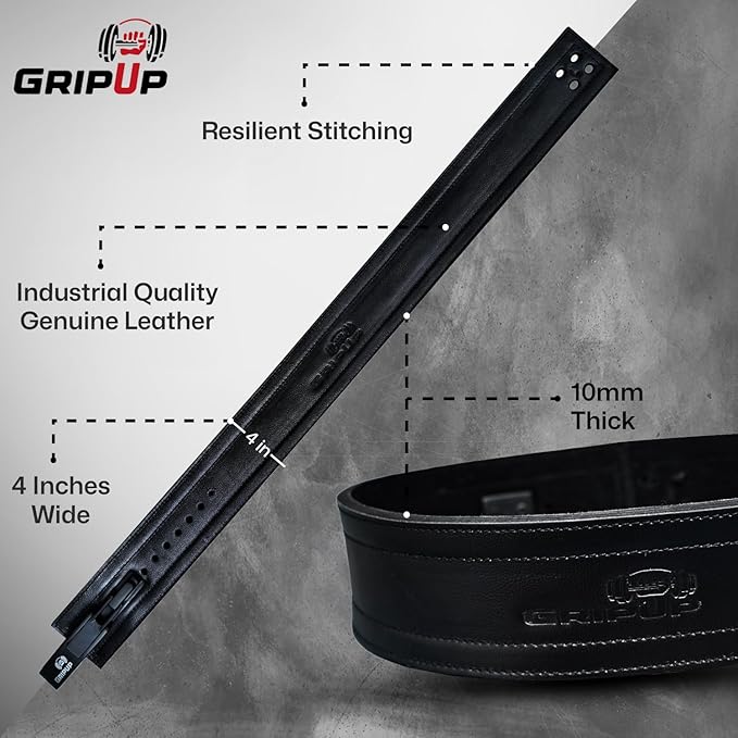 10mm Powerlifting Belt – Genuine Leather 4" Weight lifting Belt with Heavy Duty Lever Buckle for Squats, Deadlifts, Gym, Fitness, Bodybuilding – Lumbar Back Support for Men & Women