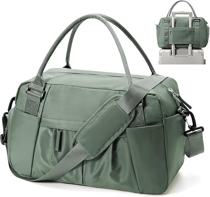 Travel Duffel Bag for Women - Small Waterproof Weekender Tote Carry on Bag with Shoe Compartment, Wet Pocket & Trolley Sleeve - Ideal for Gym, Yoga, Swim, Dance & Workout Green
