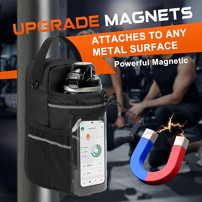 Magnetic Gym Bag for Men & Women, Magnetic Gym Water Bottle Bag with Touch-screenable Phone Pocket, Small Gym Pouch with 5 Strong Magnets, Sling Gym Bags for Fitness, Travel, Sports