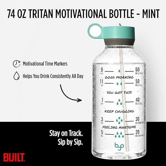 Byo 74 Oz Tritan Motivational Bottle with Straw (Mint) - BPA-Free & Leakproof with Wide Mouth, Carry Handle Lid, Dishwasher Safe - Hydration Tracker for Gym, Fitness, Healthy Lifestyle