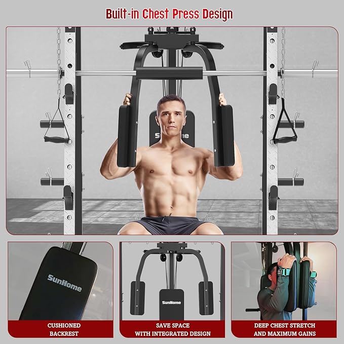 SunHome Smith Machine, Power Cage Squat Rack with Smith Bar, LAT Pull-Down Systems, Cable Crossover Machine and Cable Attachment for Home Gym