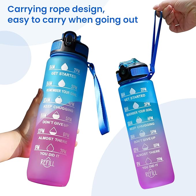 32 oz Water Bottles with Times to Drink and Straw, Motivational Water Bottle with Time Marker, Leakproof & BPA Free, Drinking Sports Water Bottle WIth Hand Strap for Fitness, Gym & Outdoor (blue-1)