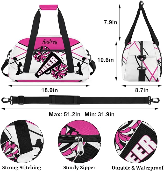 Custom Sports Gym Bag for Girls Cheerleading Bag, Personalized Sport Dance Bag Travel Overnight Small Duffel Bag Gymnastics Workout Sleepover Bag, Rosy White Black CHEER