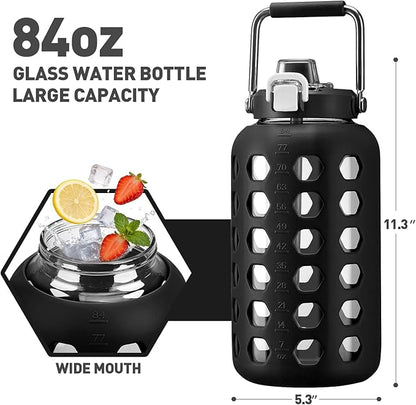 MUKOKO 84 oz Glass Water Bottles,2.5 Liter Gallon Drinking Bottle with Handle,Large Glass Water Jug with Silicone Sleeve for Gym Sports,Time Marker,Wide Mouth,Black