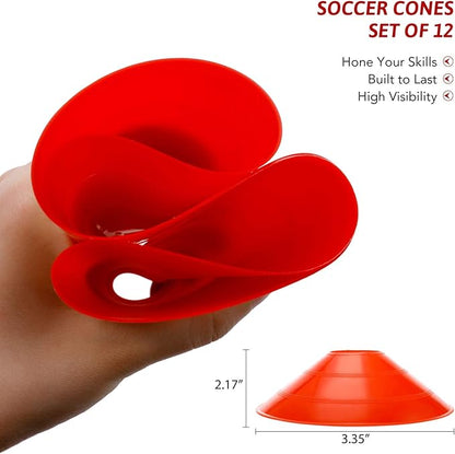 Portable Soccer Goal Set: 12x6 ft Soccer Goal for Backyard Practice and 12 Soccer Cones | Soccer Equipment for Training | for Outdoor Play w Knotless Net, 12 Sport Cones