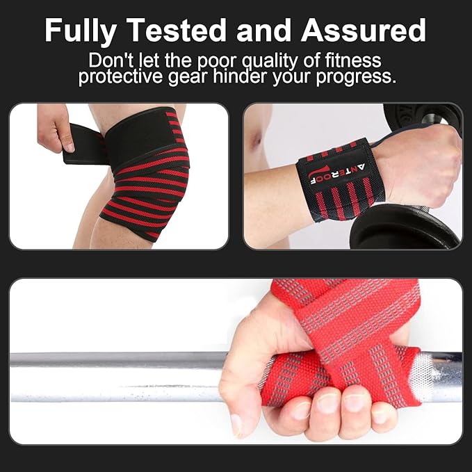 Knee Wraps + Wrist Wraps + Weight Lifting Straps Bundle (3 Pairs) for Weightlifting Bodybuilding Strength Training Workout Gym, Fitness Protective Set for Men & Women