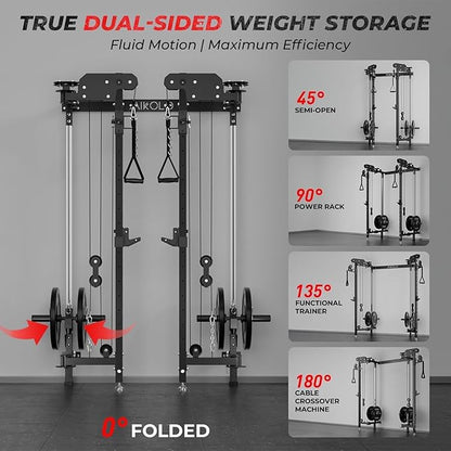 Mikolo Folding Squat Rack, Wall Mounted Power Rack with Cable Crossover Machine & LAT Pull Down, Functional Trainer with 5 Adjustable Function Modes, for Home Gym and Space Saving
