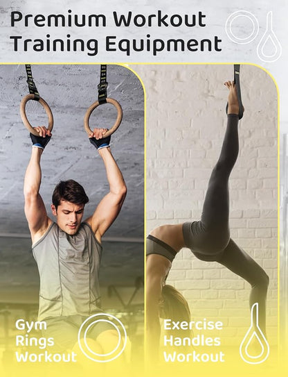 GHB Gymnastic Rings Wooden Gym Rings 1.25" Olympic Rings Adjustable Straps Pull Up Rings Sets for Workout Bodyweight Fitness Training
