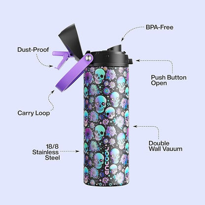 Insulated Water Bottle with Straw - Encool Stainless Steel Water Bottle with Push Button Lid, Leak-Proof & BPA-Free, Keeps Cold for 24 Hours for Sports, Travel, Gym (24 oz, Floral Afterlife)