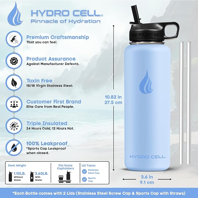 HYDRO CELL Stainless Steel Insulated Water Bottle with Straw - For Cold & Hot Drinks - Metal Vacuum Flask with Screw Cap and Modern Leakproof Sport Thermos for Adults (Glacier 40oz)