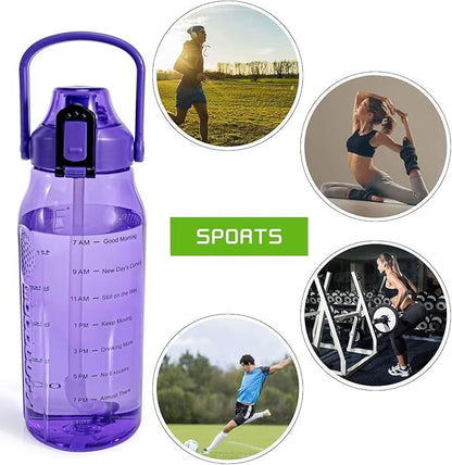 Motivational Half Gallon/64oz Water Bottle with Straw & Time Marker& Handle, Leak-Proof Tritan Water Jug for Fitness,Outdoor, Sport (Purple)