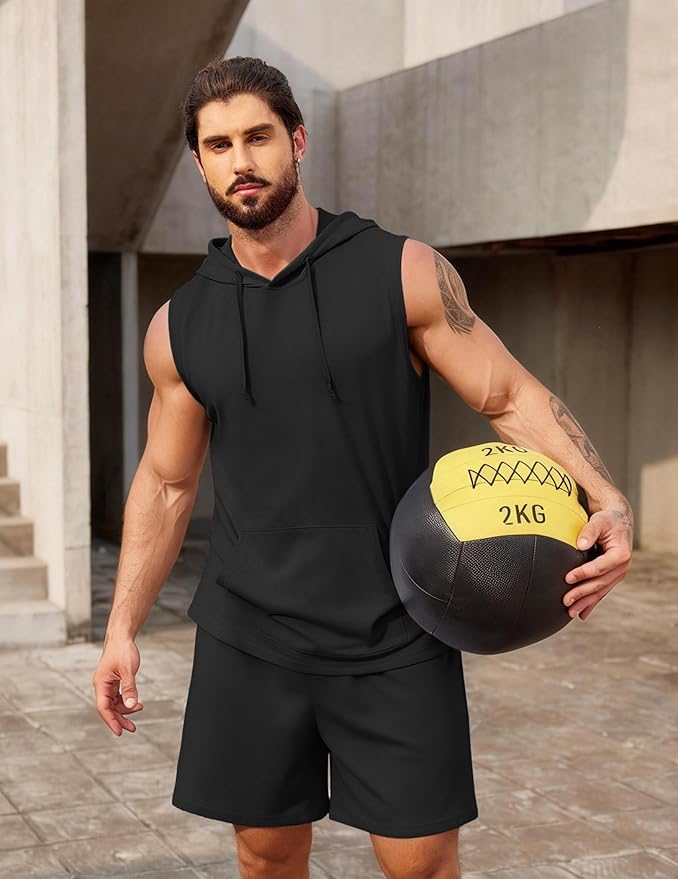 COOFANDY Mens Sleeveless Workout Hoodie Shorts Set 2 Piece Outfits Hooded Tank Tops Gym Tracksuit Sweatsuits