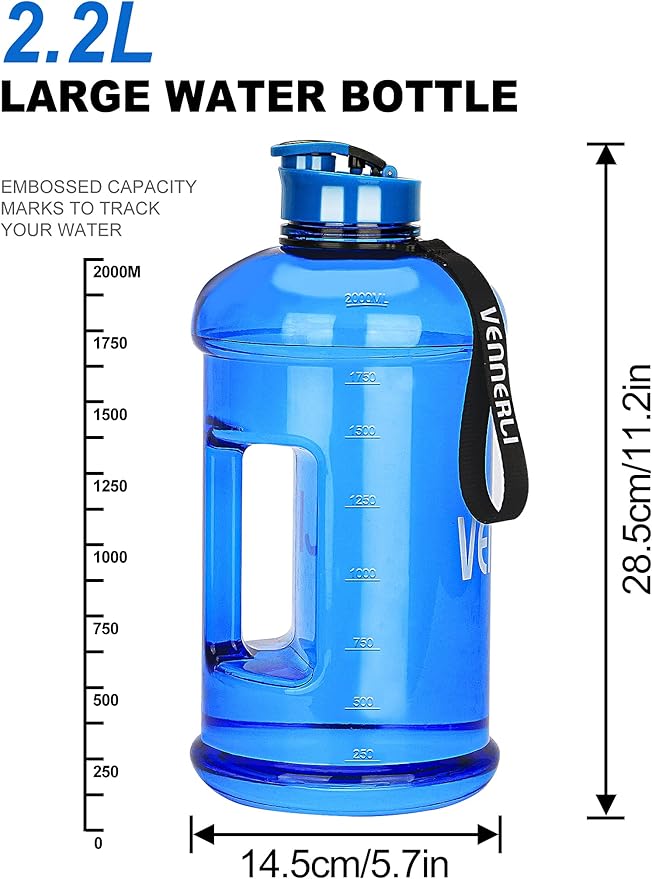 VENNERLI Half Gallon Water Bottle 2.2L Large Sports Water Bottle with Handle 74oz BPA-free Reusable Plastic Water Jugs Leakproof Hydro Bottle for Gym Yoga Travel Camping Cycling Outdoor Sports