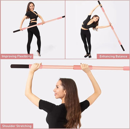 Pink Yoga Stick 58 Inch - Alloy Steel Stretching & Exercise Stick with Neck & Hand Pads, Shoulder Flexibility Tool for Yoga, Pilates & Home Gym Workouts