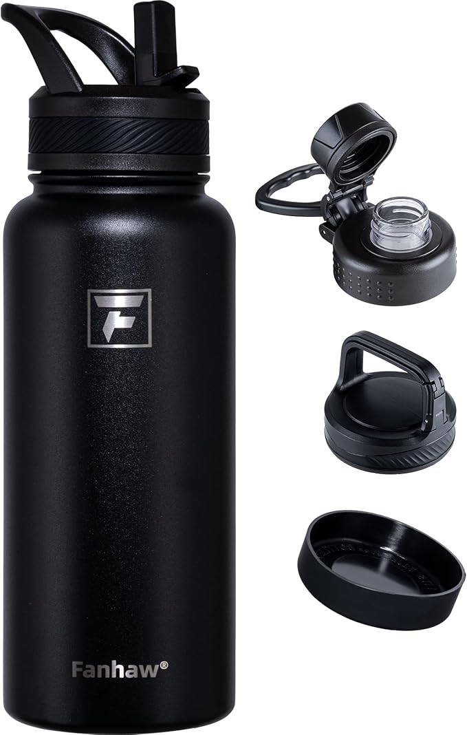 Fanhaw 32 oz Insulated Water Bottle – Portable Stainless Steel Flask with 3 Lids (Straw, Spout, Carabiner) | Leakproof, for Gym, Hiking, Work, Travel & Everyday Use (Black)