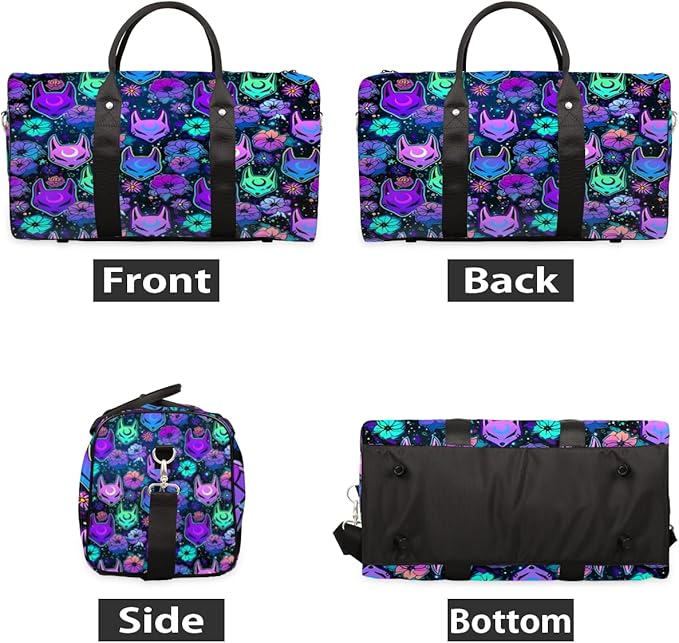 Travel Duffel Bag Flower Purple Fox Sport Tote Gym Bag Waterproof Foldable Carryon Weekend Overnight Training Handbag Sports Duffle Bags for Women Men Boys Girls