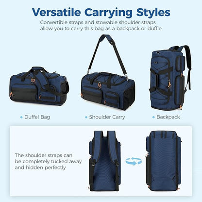 Searock 45L Gym Bag for Men, 3-In-1 Duffle Bag Backpack for Travel, Sports Duffel Bags for Gym Workout, Weekender Overnight Bag with Shoe Compartment, Wet Pocket, Navy Blue