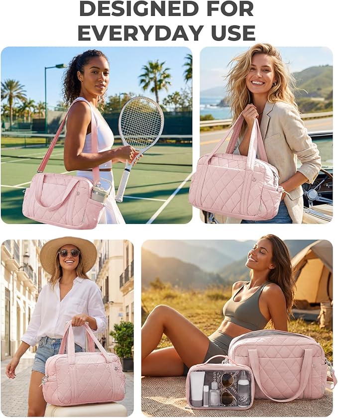 Percover Women Gym Bag with Toiletry Organizer Pouch, Quilted Workout Duffle with Compartments for Daily Fitness & Yoga, Locker-Friendly Soft Carry, Blush Pink