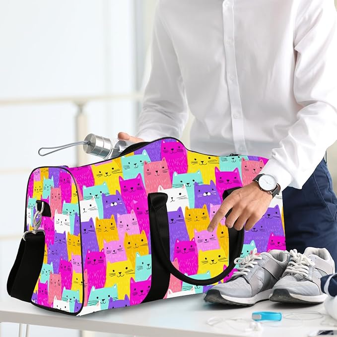 Travel Duffel Bag Colorful Cats Animals Waterproof Sport Gym Bag Foldable Travel Bag Overnight Bag Weekender Bag Handbag Sports Duffle Bags for Girls Women Men Boys
