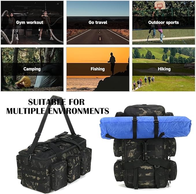 3 In 1 Military Duffel Bag 50L Gym Bag for Men Convertible Weekender Backpack for Sports Travel Basketball