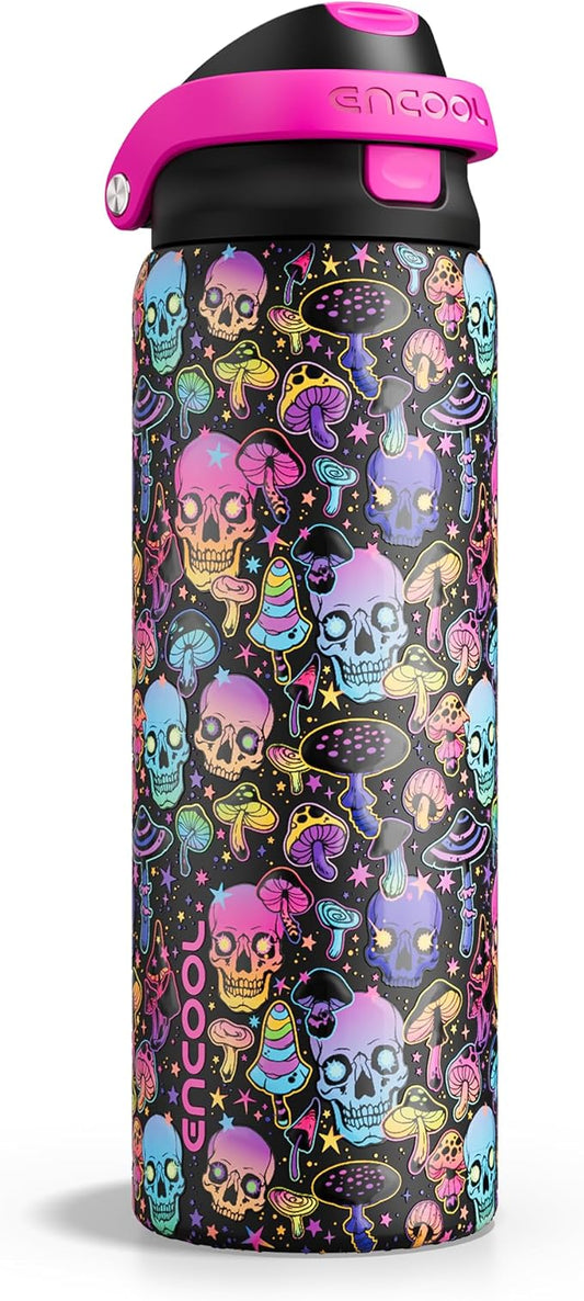 Encool SwiftSip Insulated Stainless Steel Water Bottle with Straw - Leak Proof Sports Water Bottle for School, Travel, Keeps Cold All Day, One-Touch Flip Lid, BPA-Free, 32 oz, Trippy Skulls