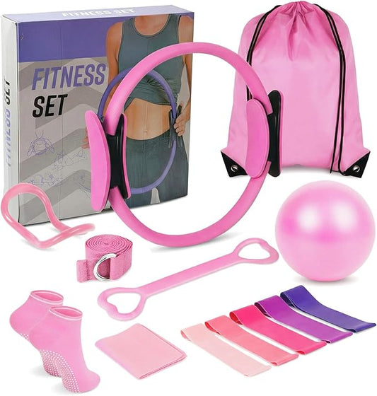 Pilates Kit 14pcs, Home Pilates Workout Kit for Women, Pilates Equipment with 13" Ring, 9.8" Ball, Multiple Resistance Bands, Non-Slip Socks, Workout Guide for Beginners Home Outdoor