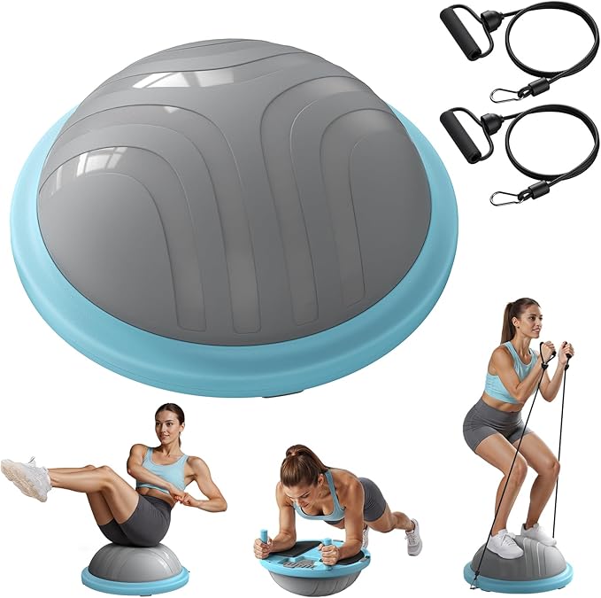 MERACH Balance Ball Trainer, 18 Inch Half Exercise Ball with Resistance Bands and Foot Pump, Half Yoga Ball for Core Strength Training, 450lb Capacity