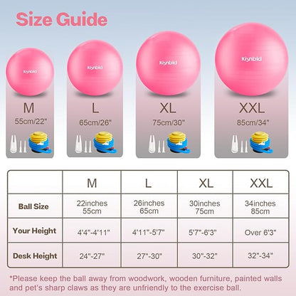 Exercise Ball, Extra Thick Yoga Ball for Workout Pregnancy Stability, 4 Sizes Anti-Burst Balance Ball with Foot Pump - Heavy Duty Fitness Ball Chair for Office, Home & Gym