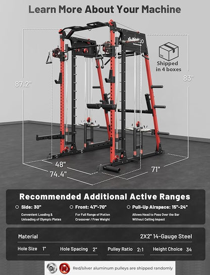 Mikolo M4 2.0 Smith Machine, 2200lbs Squat Rack with LAT-Pull Down System & Cable Crossover Machine, Training Equipment with Leg Hold-Down Attachment