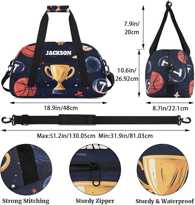 Personalized Basketball Sport Duffel Bags for Kids Boys with Custom Name Gym Training Travel Bags for Overnight Weekender