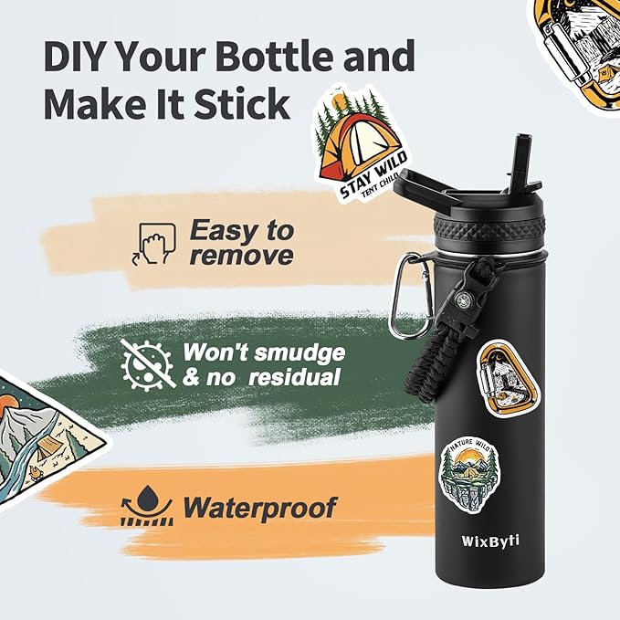 20 oz Insulated Water Bottle with Straw (Cold for 24 Hrs), Stainless Steel Triple Wall Vacuum Sports Water Jug, Leakproof Hydro Cup Flask with Paracord Handle & Straw Spout Lids & DIY Stickers