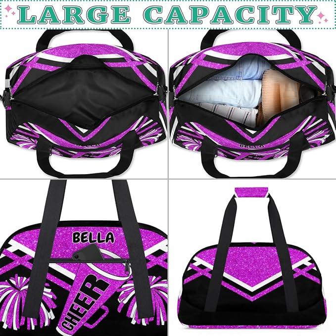 Custom Sports Duffel Cheerleaders Bag Girls, Sports Travel Bag Tote Carry On Weekender Gym Dance Cheer Sleepover Bag, Bright Purple Glitters Black