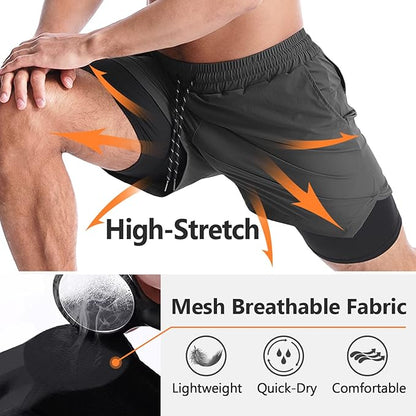 Aolesy Men's 2 in 1 Running Shorts 5" Workout Gym Athletic Shorts for Men Quick Dry Lightweight Training Shorts with Pockets